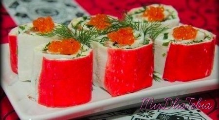 Роллы из крабовых палочек с яйцом и икрой!